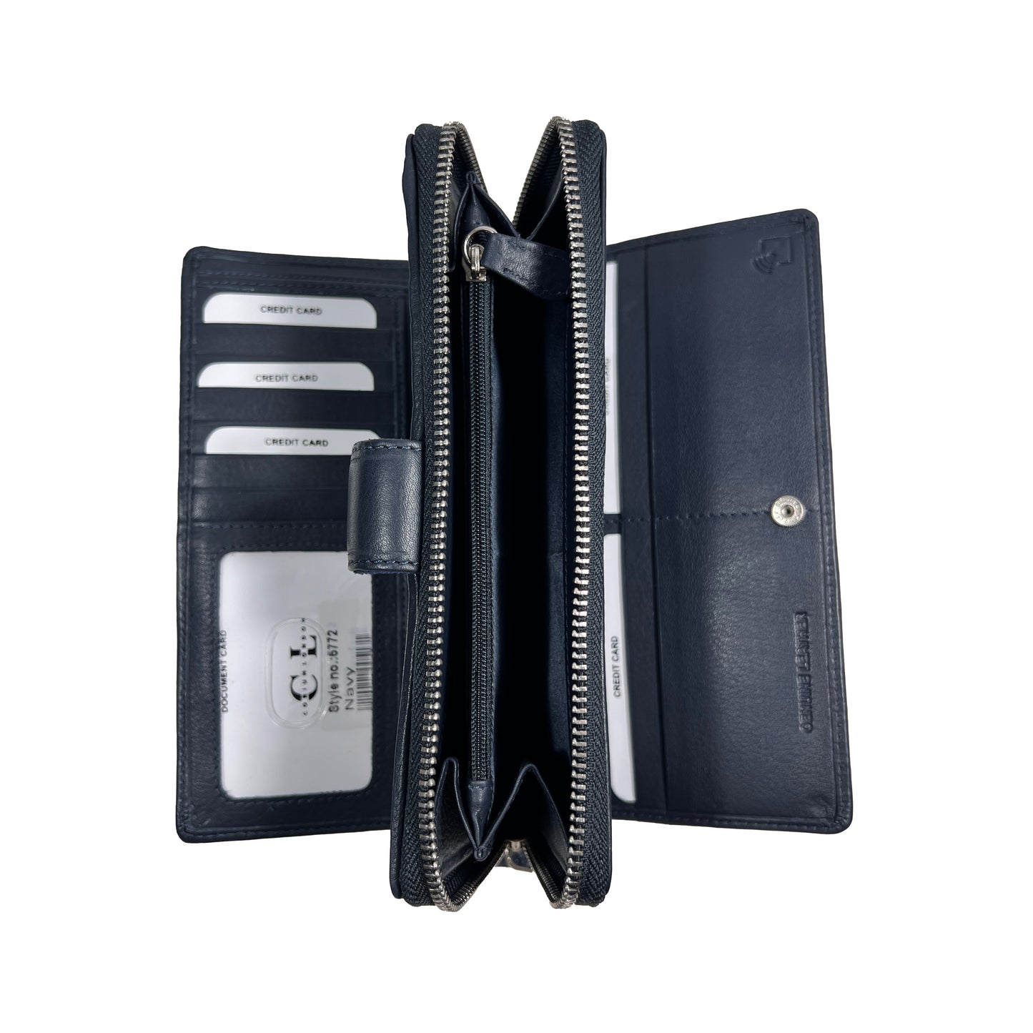 Ladies' Navy Blue Genuine Leather Zip-Around Clutch Wallet