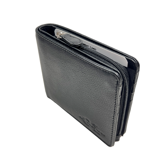 Black Leather Bifold Wallet with Zip Closure