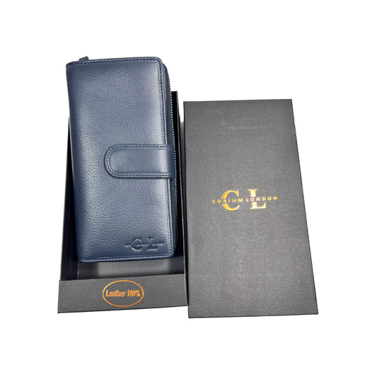 Ladies' Navy Blue Genuine Leather Zip-Around Clutch Wallet