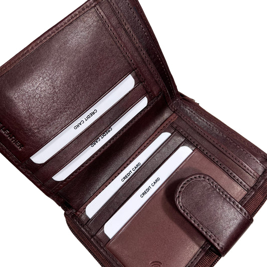 Men's Black Leather Zip-Around Bifold Wallet with Snap Coin Pocket